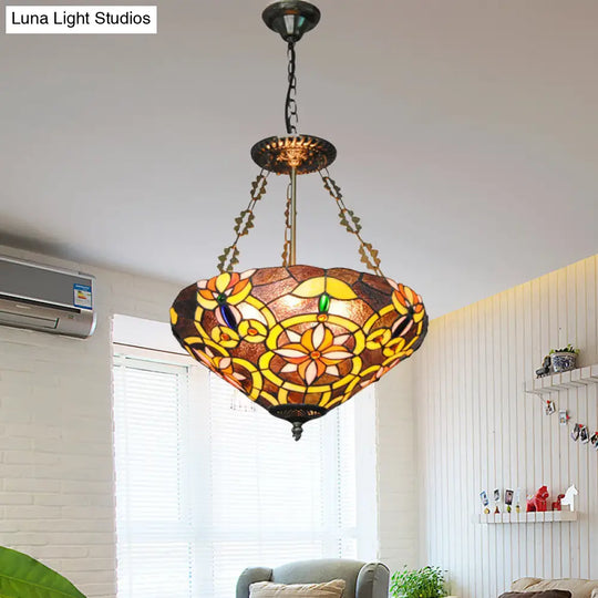 Floral Tiffany Stained Glass Chandelier: Umbrella Shade Pendant With 3 Lights - Brown/Pink Perfect