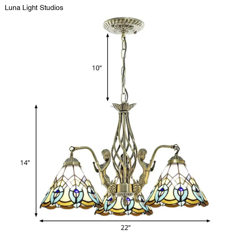 Tiffany Stained Glass Chandelier - Mermaid Deco White Ceiling Lamp With 3 Lights