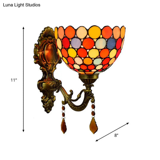 Tiffany Stained Glass Circle Wall Light Sconce With Brass Fixture And Drop Accents