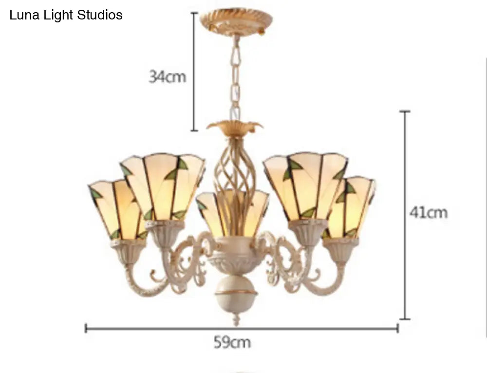 Tiffany Stained Glass Cone Chandelier With Leaf Pattern - 5 Lights In Beige