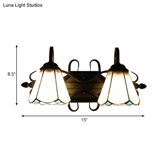 Tiffany Stained Glass Cone Sconce Lamp - Retro Wall Lighting For Living Room In Beige/Blue