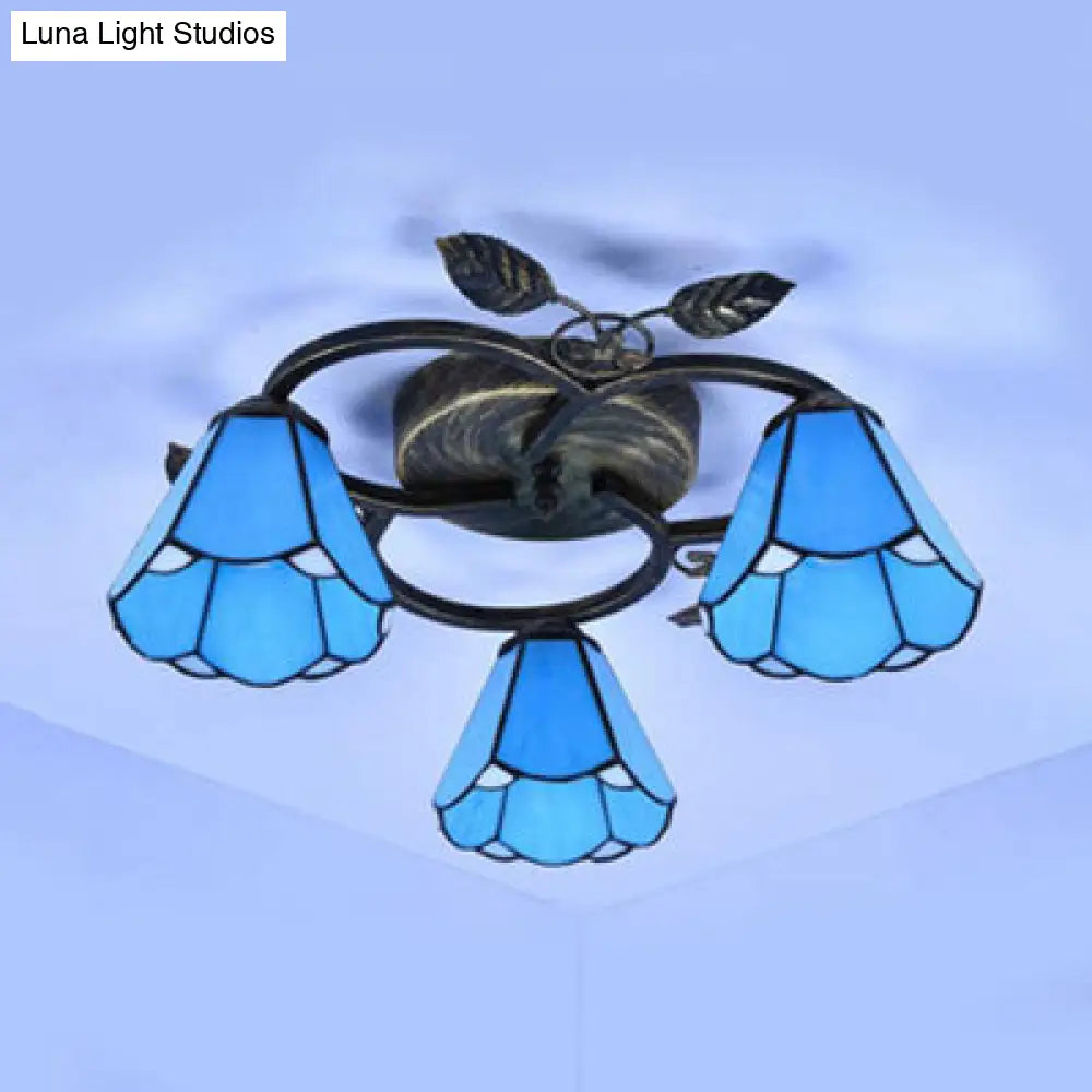 Tiffany Stained Glass Conic Shape Ceiling Light - 3 Lights Flush Mount Fixture In White/Blue For