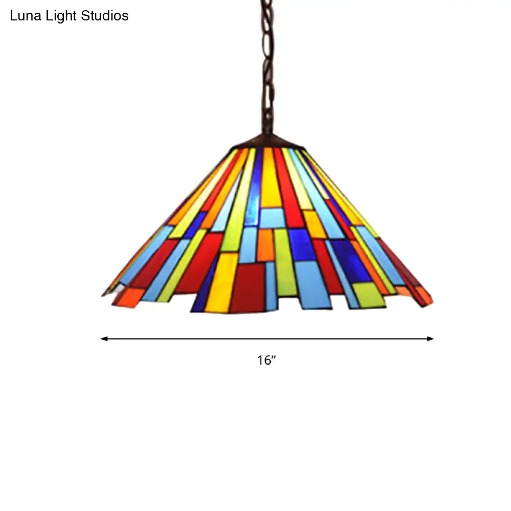 Tiffany Stained Glass Conical Hanging Lamp - Black Ceiling Pendant For Dining Room (12’/16’ Width)