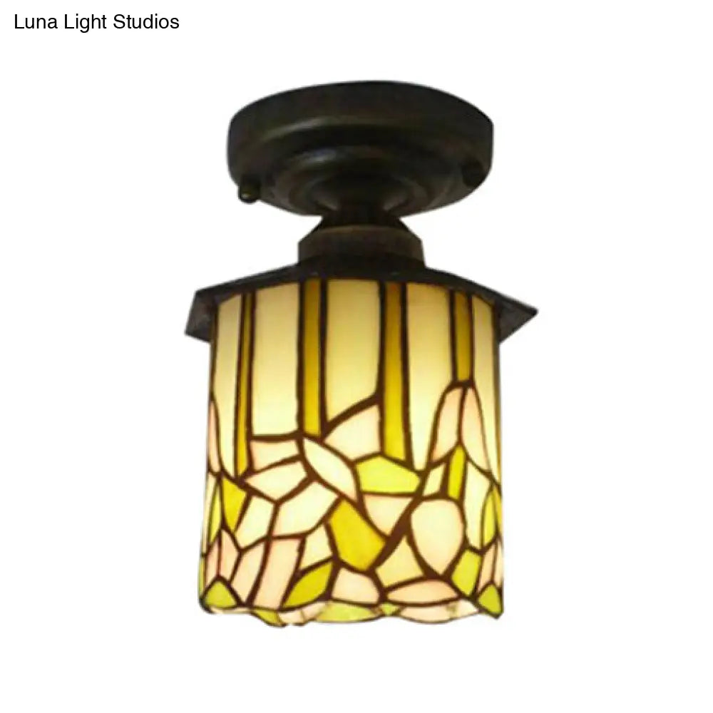 Tiffany Stained Glass Cylinder Ceiling Lamp - Rustic Flushmount Light For Study Room Beige