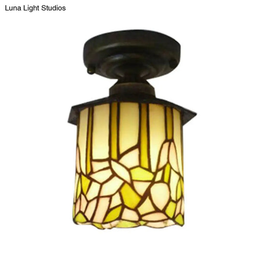 Tiffany Stained Glass Cylinder Ceiling Lamp - Rustic Flushmount Light For Study Room Beige