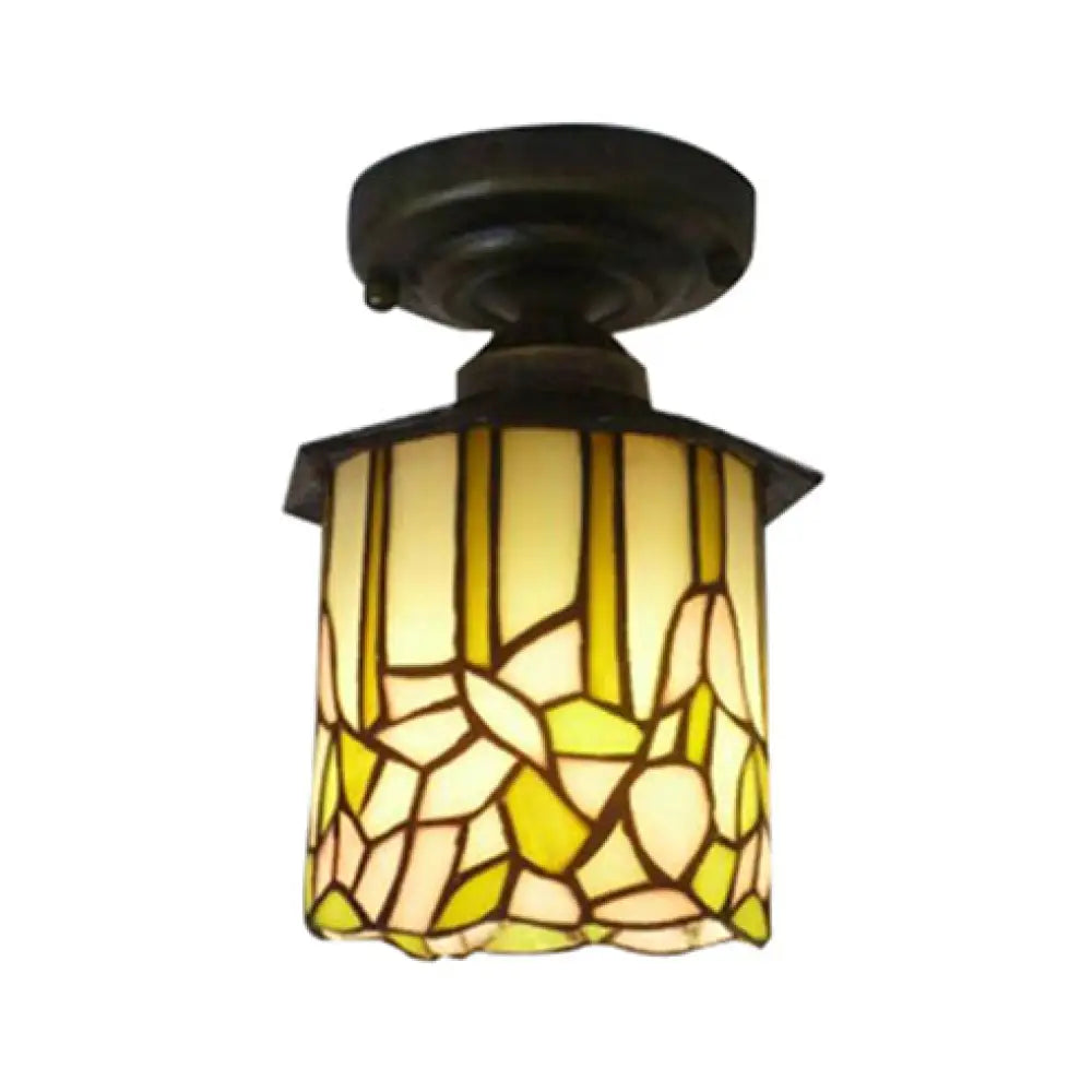 Tiffany Stained Glass Cylinder Ceiling Lamp - Rustic Flushmount Light For Study Room Beige