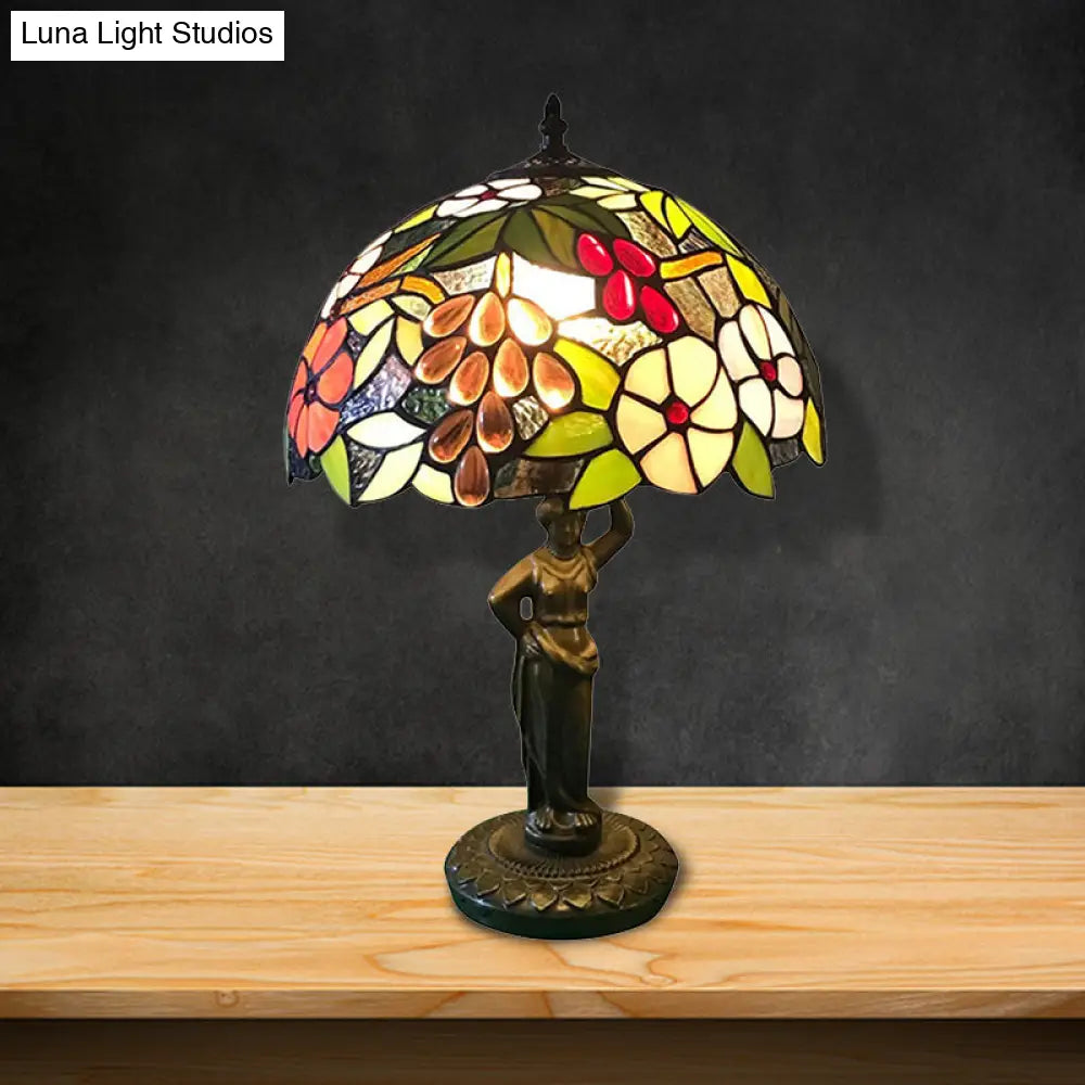 Tiffany Stained Glass Desk Lamp With Bird/Grape/Flower Pattern And Working Women Base - Ideal For