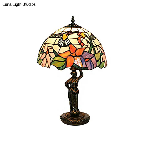 Tiffany Stained Glass Desk Lamp With Bird/Grape/Flower Pattern And Working Women Base - Ideal For