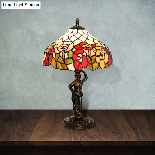 Tiffany Stained Glass Desk Lamp With Bird/Grape/Flower Pattern And Working Women Base - Ideal For