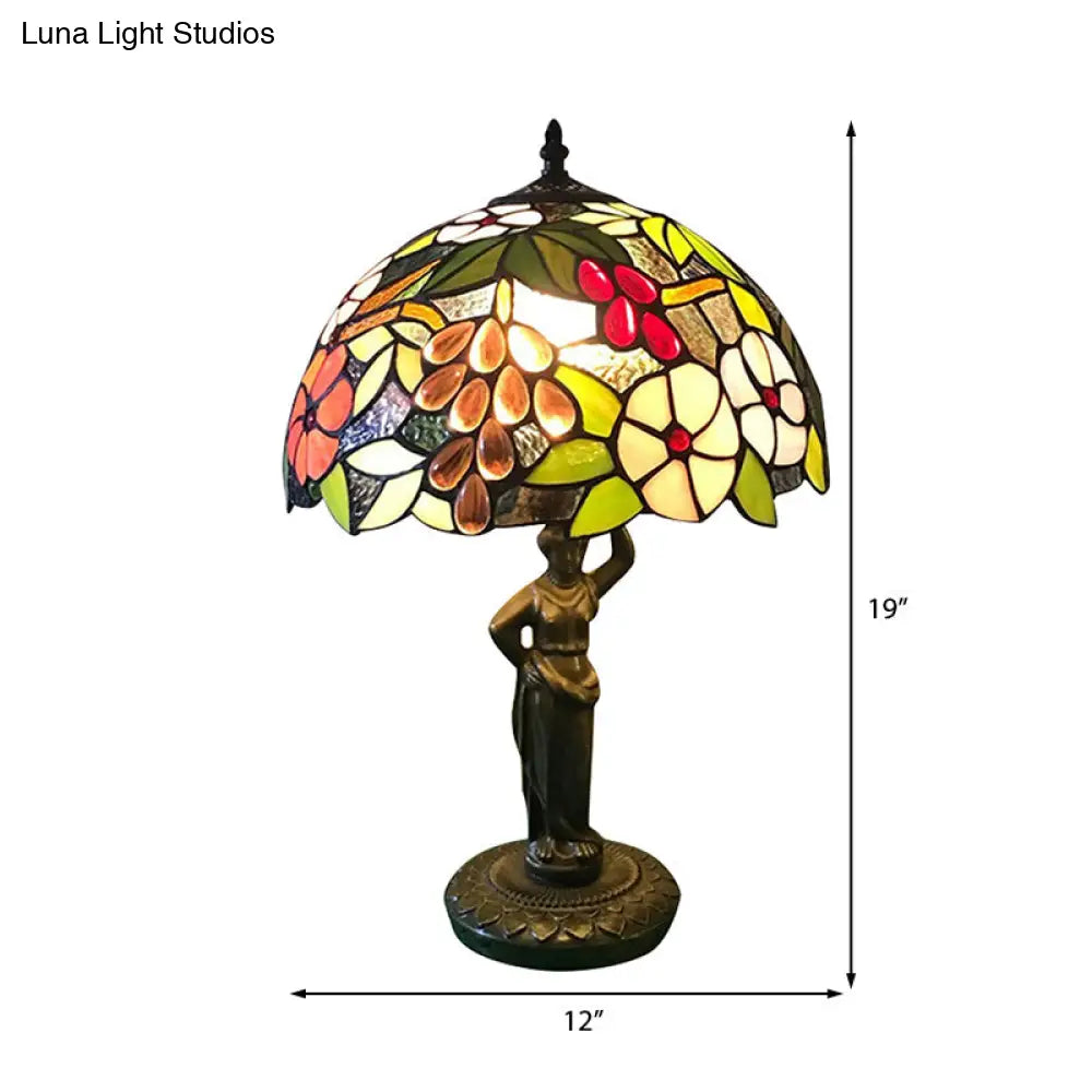 Tiffany Stained Glass Desk Lamp With Bird/Grape/Flower Pattern And Working Women Base - Ideal For