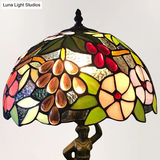 Tiffany Stained Glass Desk Lamp With Bird/Grape/Flower Pattern And Working Women Base - Ideal For