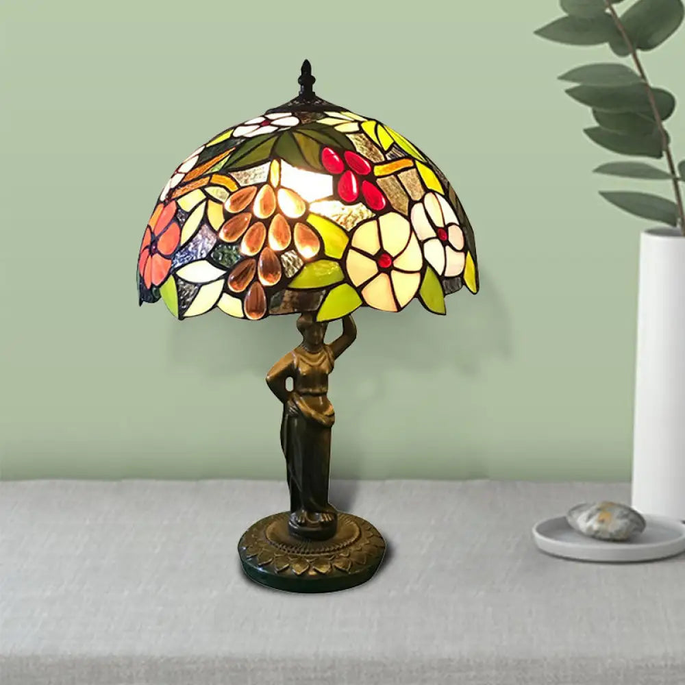 Tiffany Stained Glass Desk Lamp With Bird/Grape/Flower Pattern And Working Women Base - Ideal For