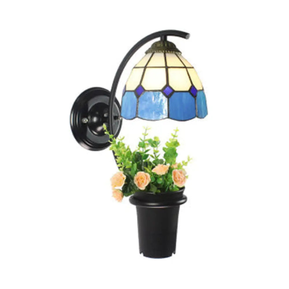 Tiffany Stained Glass Dome Sconce Light: Yellow/Clear/Blue With Flower Decoration Blue