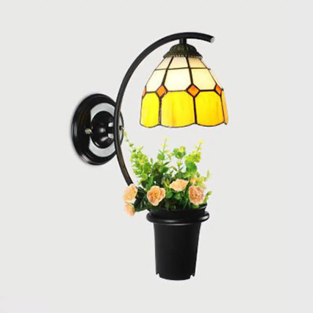 Tiffany Stained Glass Dome Sconce Light: Yellow/Clear/Blue With Flower Decoration Yellow