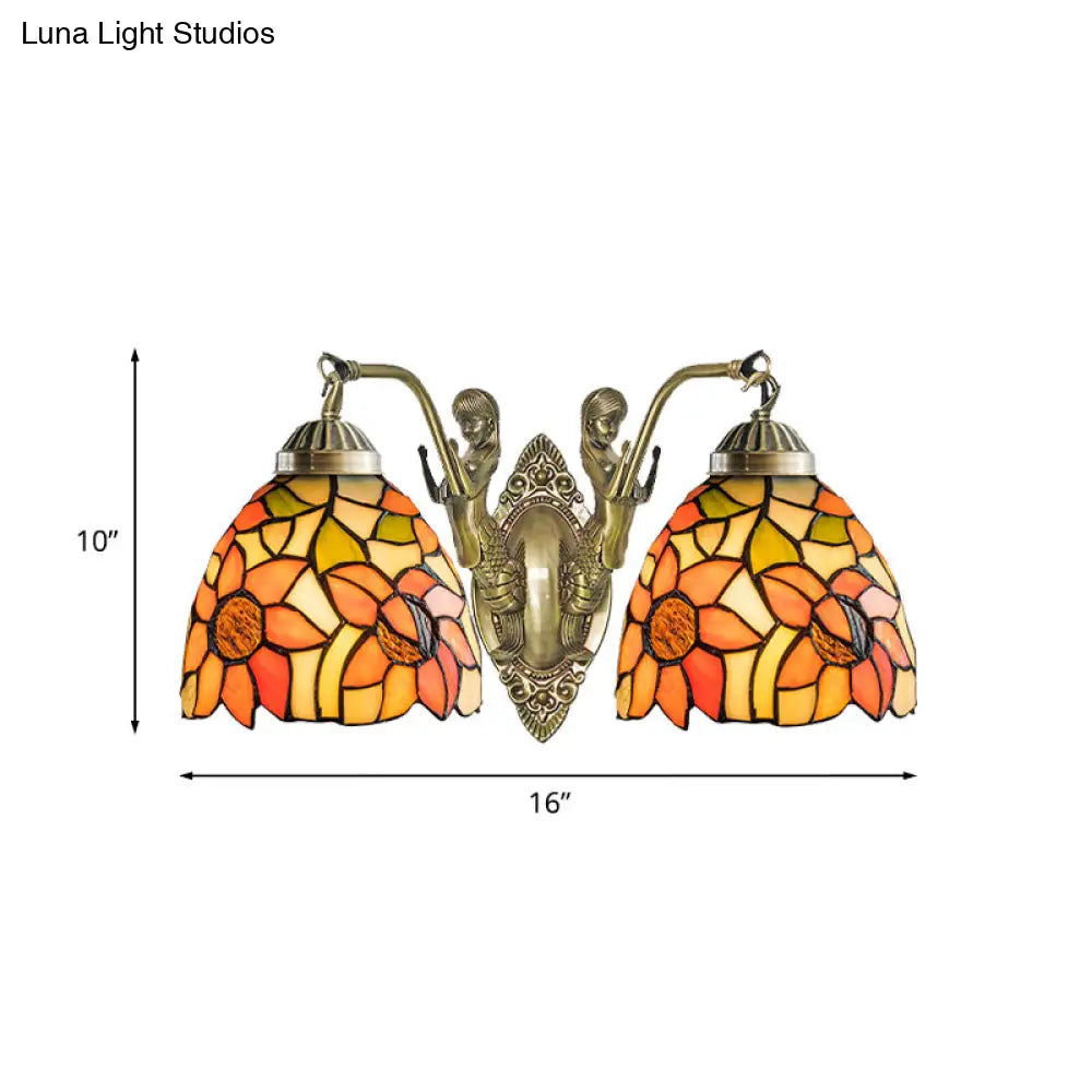 Tiffany Stained Glass Dome Wall Sconce: 2-Bulb Beige/Orange Floral Pattern Mermaid Arm For Bedroom