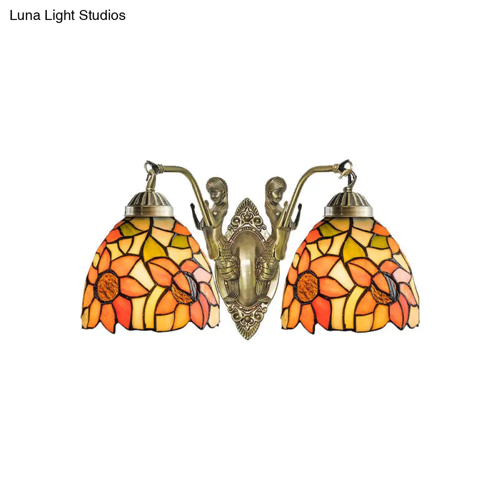 Tiffany Stained Glass Dome Wall Sconce: 2-Bulb Beige/Orange Floral Pattern Mermaid Arm For Bedroom