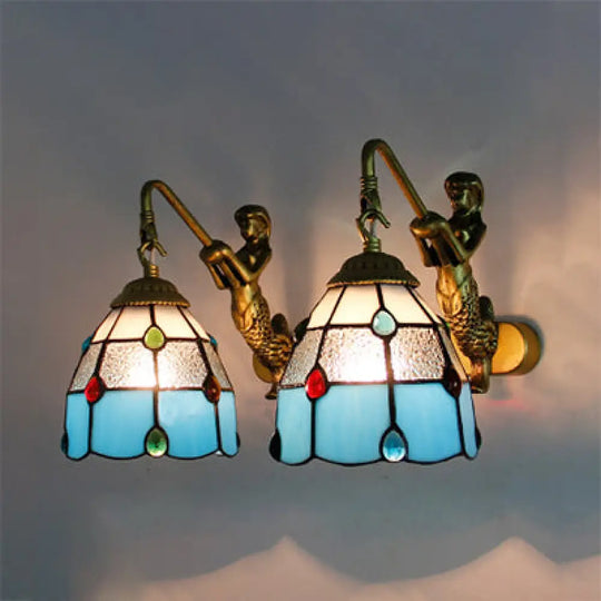 Tiffany Stained Glass Dome Wall Sconce Light With Mermaid Backplate - Yellow/Blue/Clear 2-Head