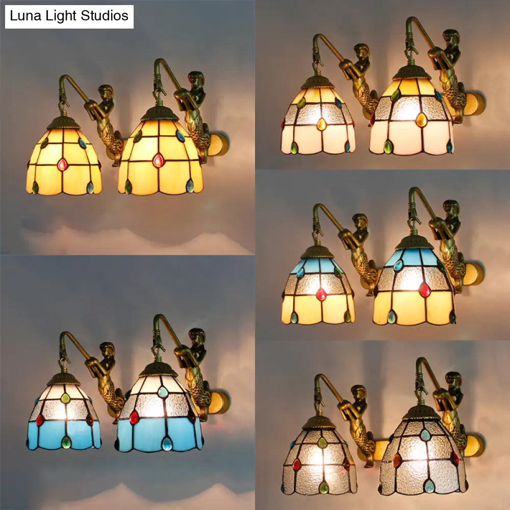 Tiffany Stained Glass Dome Wall Sconce Light With Mermaid Backplate - Yellow/Blue/Clear 2-Head