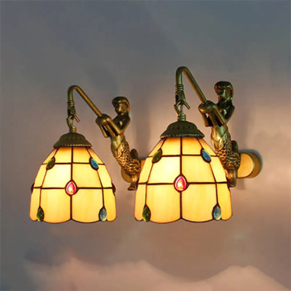 Tiffany Stained Glass Dome Wall Sconce Light With Mermaid Backplate - Yellow/Blue/Clear 2-Head