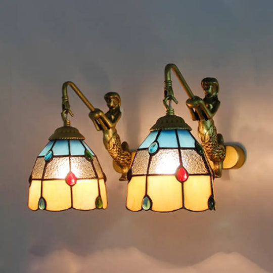 Tiffany Stained Glass Dome Wall Sconce Light With Mermaid Backplate - Yellow/Blue/Clear 2-Head