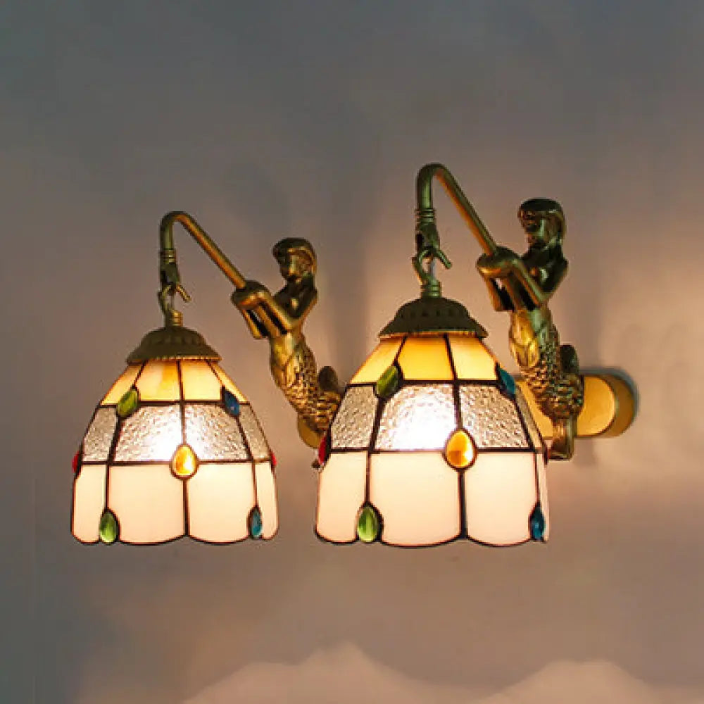 Tiffany Stained Glass Dome Wall Sconce Light With Mermaid Backplate - Yellow/Blue/Clear 2-Head