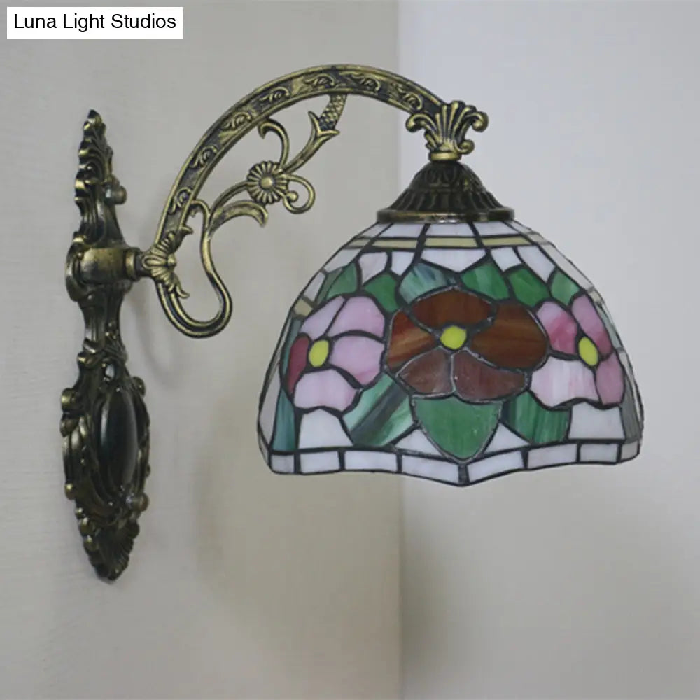 Tiffany Stained Glass Flower Bowl Sconce Light - Red/Pink Wall Mounted Fixture