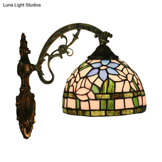 Tiffany Stained Glass Flower Bowl Sconce Light - Red/Pink Wall Mounted Fixture