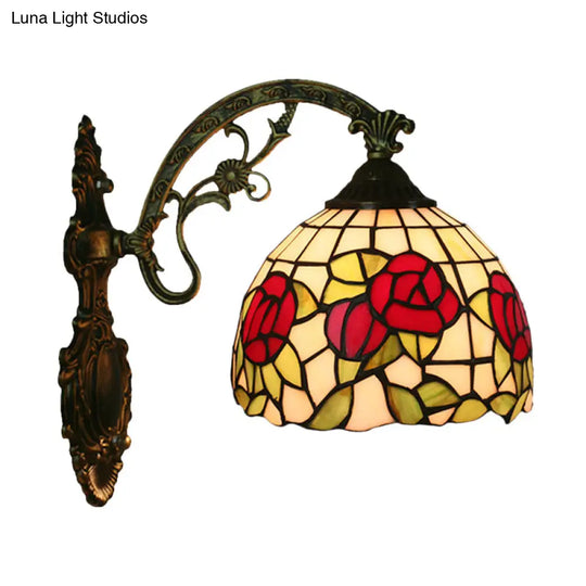 Tiffany Stained Glass Flower Bowl Sconce Light - Red/Pink Wall Mounted Fixture