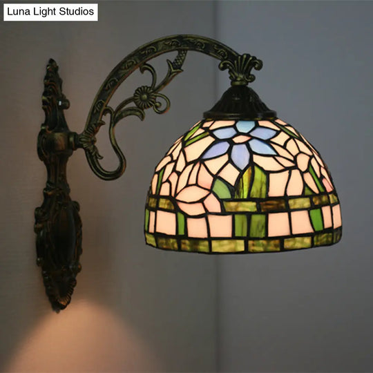 Tiffany Stained Glass Flower Bowl Sconce Light - Red/Pink Wall Mounted Fixture