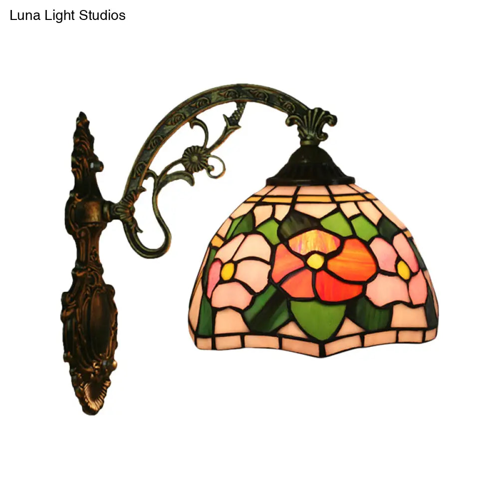 Tiffany Stained Glass Flower Bowl Sconce Light - Red/Pink Wall Mounted Fixture