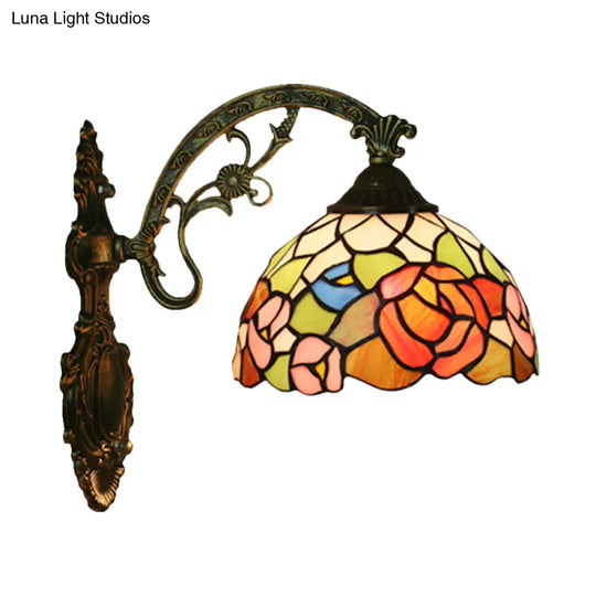 Tiffany Stained Glass Flower Bowl Sconce Light - Red/Pink Wall Mounted Fixture