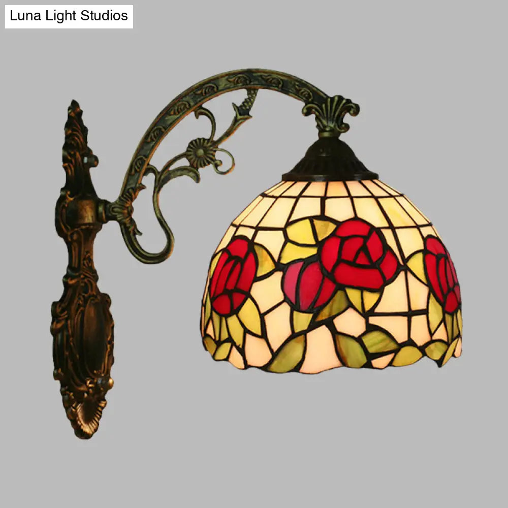 Tiffany Stained Glass Flower Bowl Sconce Light - Red/Pink Wall Mounted Fixture