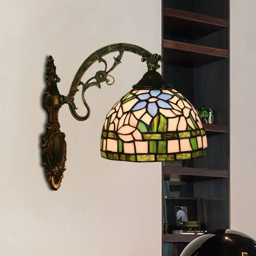 Tiffany Stained Glass Flower Bowl Sconce Light - Red/Pink Wall Mounted Fixture Blue