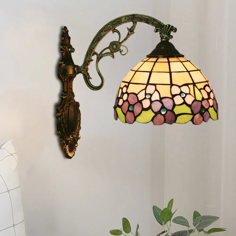 Tiffany Stained Glass Flower Bowl Sconce Light - Red/Pink Wall Mounted Fixture Purple