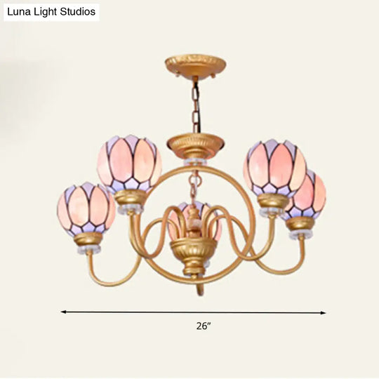 Gold Tiffany Stained Glass Flower Chandelier Pendant Light - 3/5/6 Lights Ceiling Lamp For Living