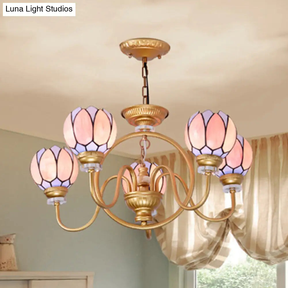 Gold Tiffany Stained Glass Flower Chandelier Pendant Light - 3/5/6 Lights Ceiling Lamp For Living