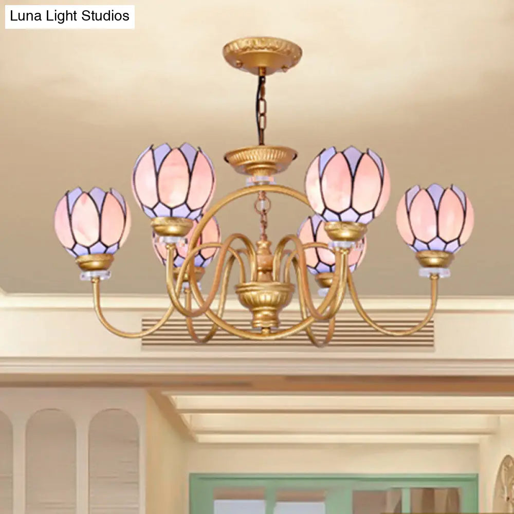 Gold Tiffany Stained Glass Flower Chandelier Pendant Light - 3/5/6 Lights Ceiling Lamp For Living