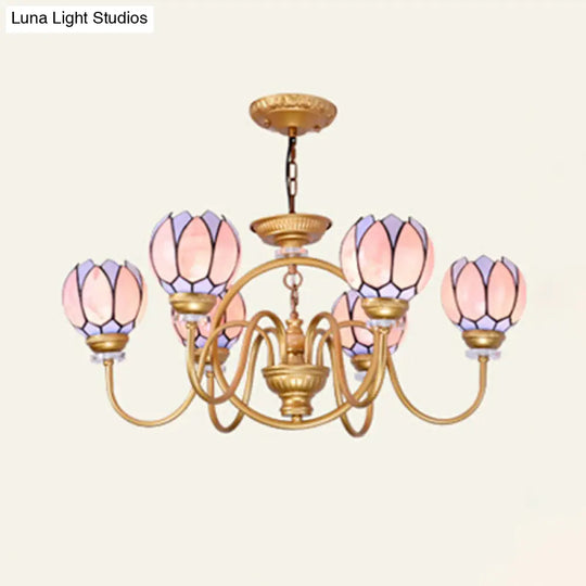 Gold Tiffany Stained Glass Flower Chandelier Pendant Light - 3/5/6 Lights Ceiling Lamp For Living