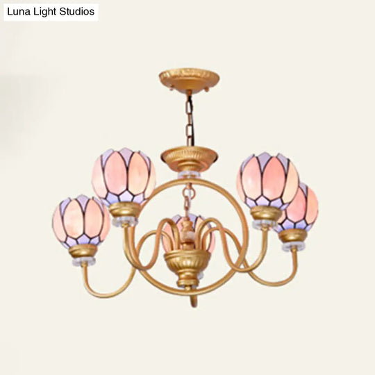 Gold Tiffany Stained Glass Flower Chandelier Pendant Light - 3/5/6 Lights Ceiling Lamp For Living