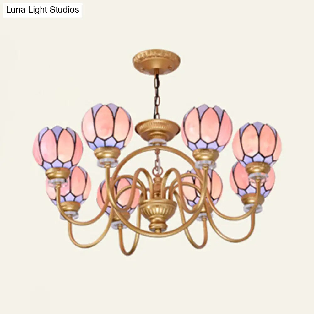 Gold Tiffany Stained Glass Flower Chandelier Pendant Light - 3/5/6 Lights Ceiling Lamp For Living