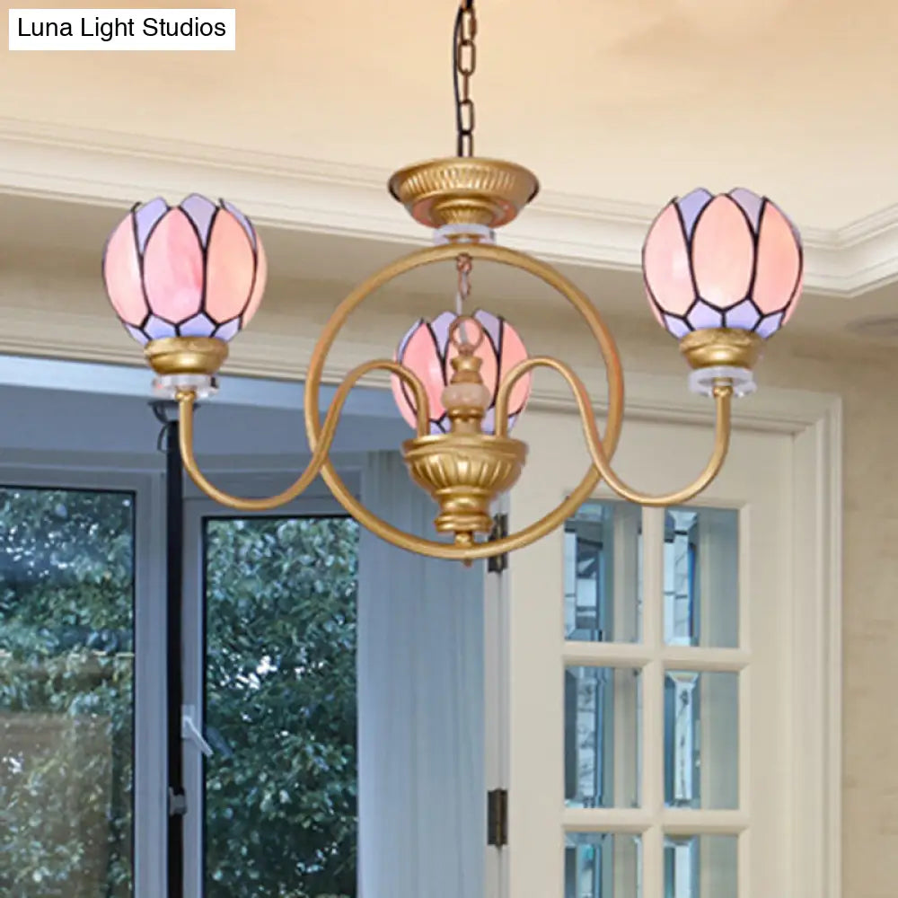 Gold Tiffany Stained Glass Flower Chandelier Pendant Light - 3/5/6 Lights Ceiling Lamp For Living