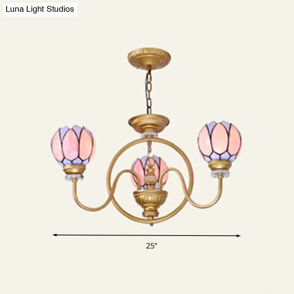 Gold Tiffany Stained Glass Flower Chandelier Pendant Light - 3/5/6 Lights Ceiling Lamp For Living