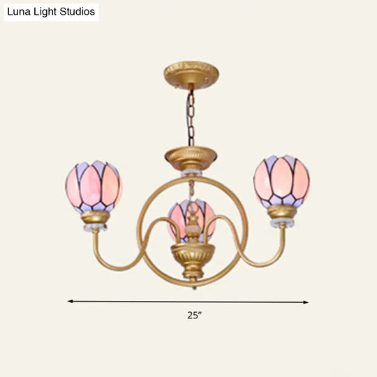 Gold Tiffany Stained Glass Flower Chandelier Pendant Light - 3/5/6 Lights Ceiling Lamp For Living