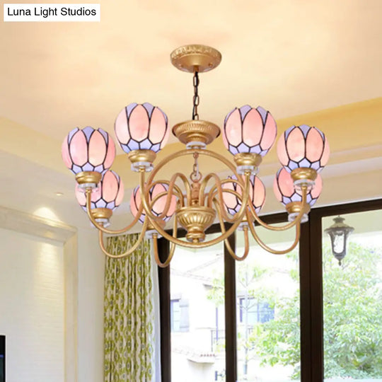 Gold Tiffany Stained Glass Flower Chandelier Pendant Light - 3/5/6 Lights Ceiling Lamp For Living