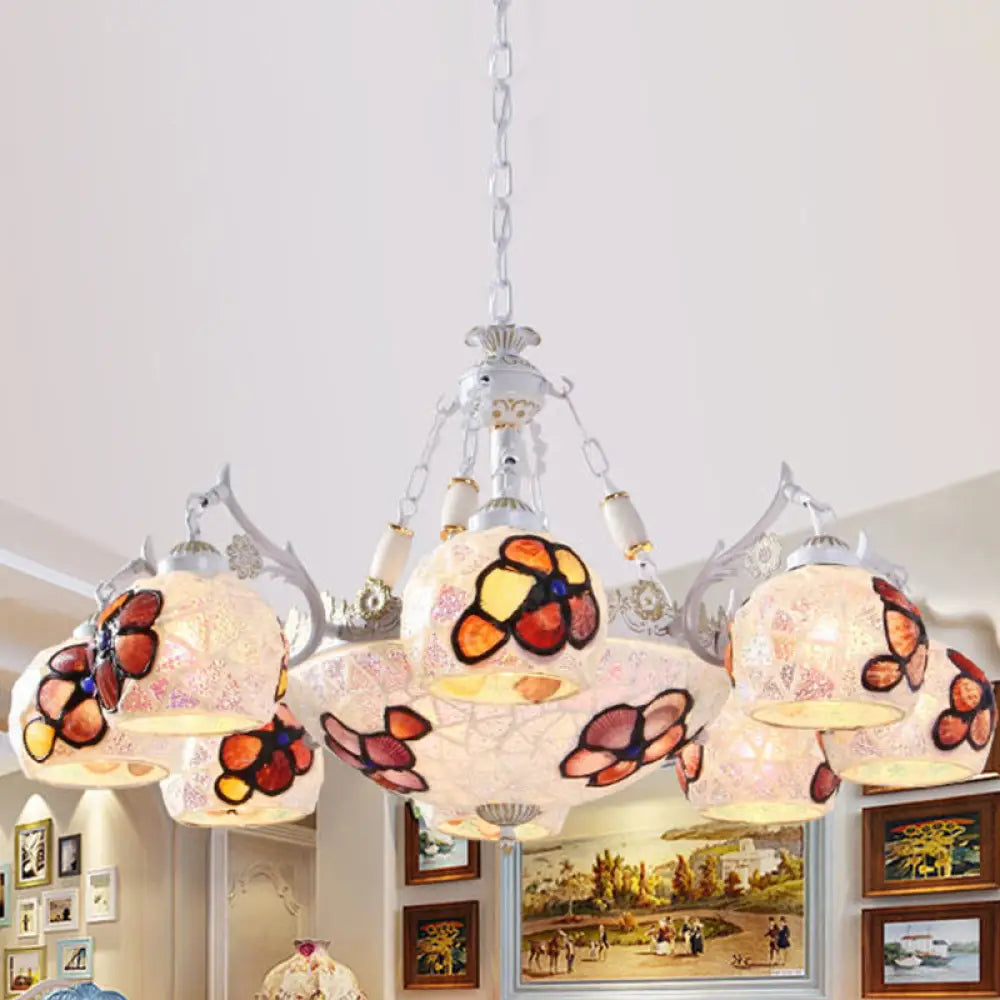 Tiffany Stained Glass Flower Chandelier Pendant Light Fixture - 5/9/11 Lights White Ceiling Mount