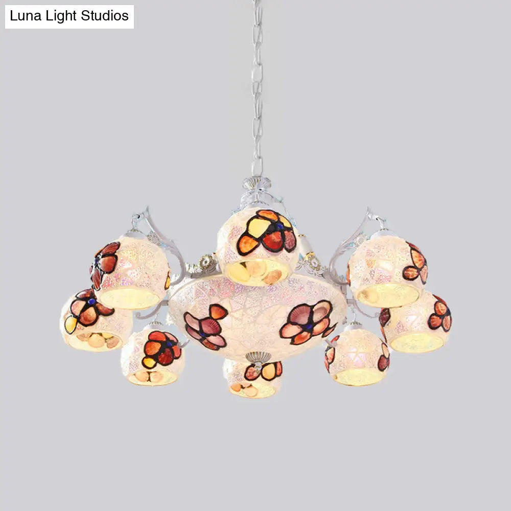 Tiffany Stained Glass Flower Chandelier Pendant Light Fixture - 5/9/11 Lights White Ceiling Mount