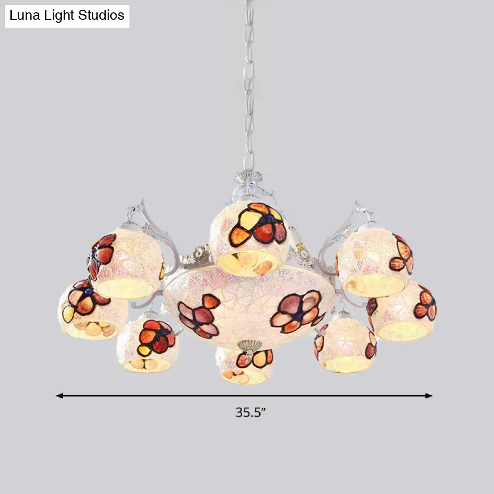 Tiffany Stained Glass Flower Chandelier - White Ceiling Pendant Light Fixture With 5/9/11 Artful