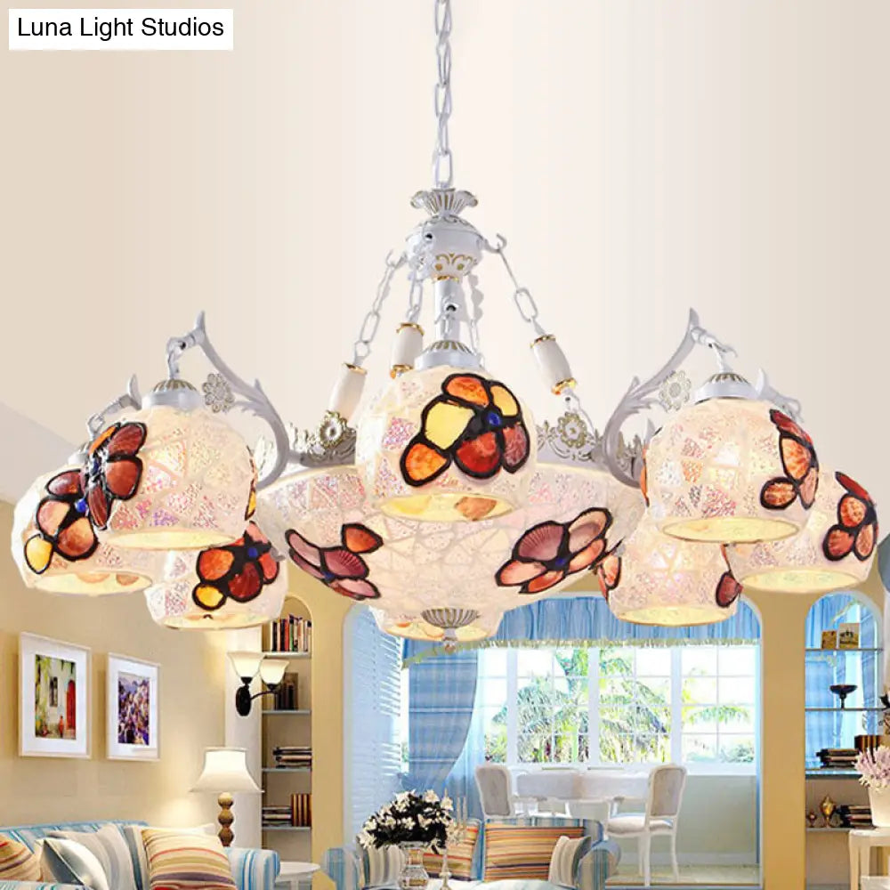 Tiffany Stained Glass Flower Chandelier Pendant Light Fixture - 5/9/11 Lights White Ceiling Mount