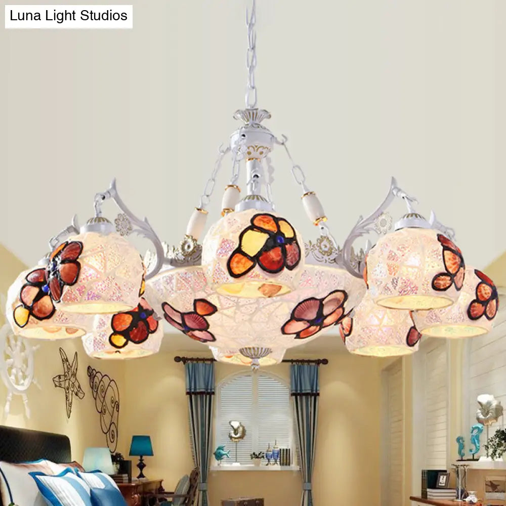 Tiffany Stained Glass Flower Chandelier Pendant Light Fixture - 5/9/11 Lights White Ceiling Mount