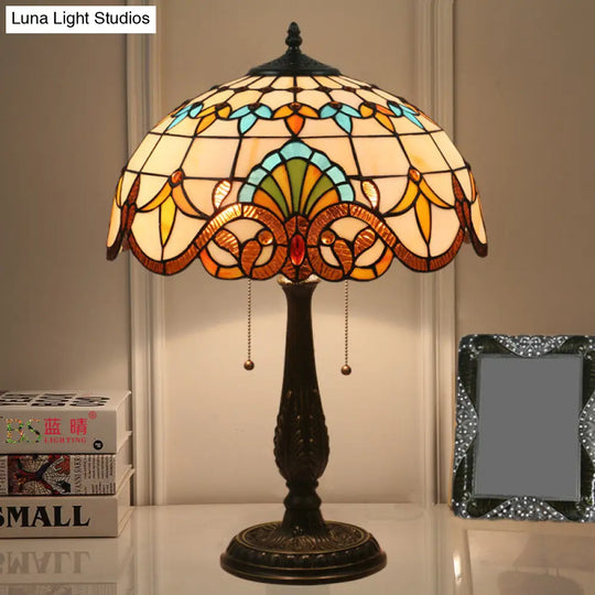 Tiffany Stained Glass Flower Night Table Light - Antique Brass 1-Light Nightstand For Living Room